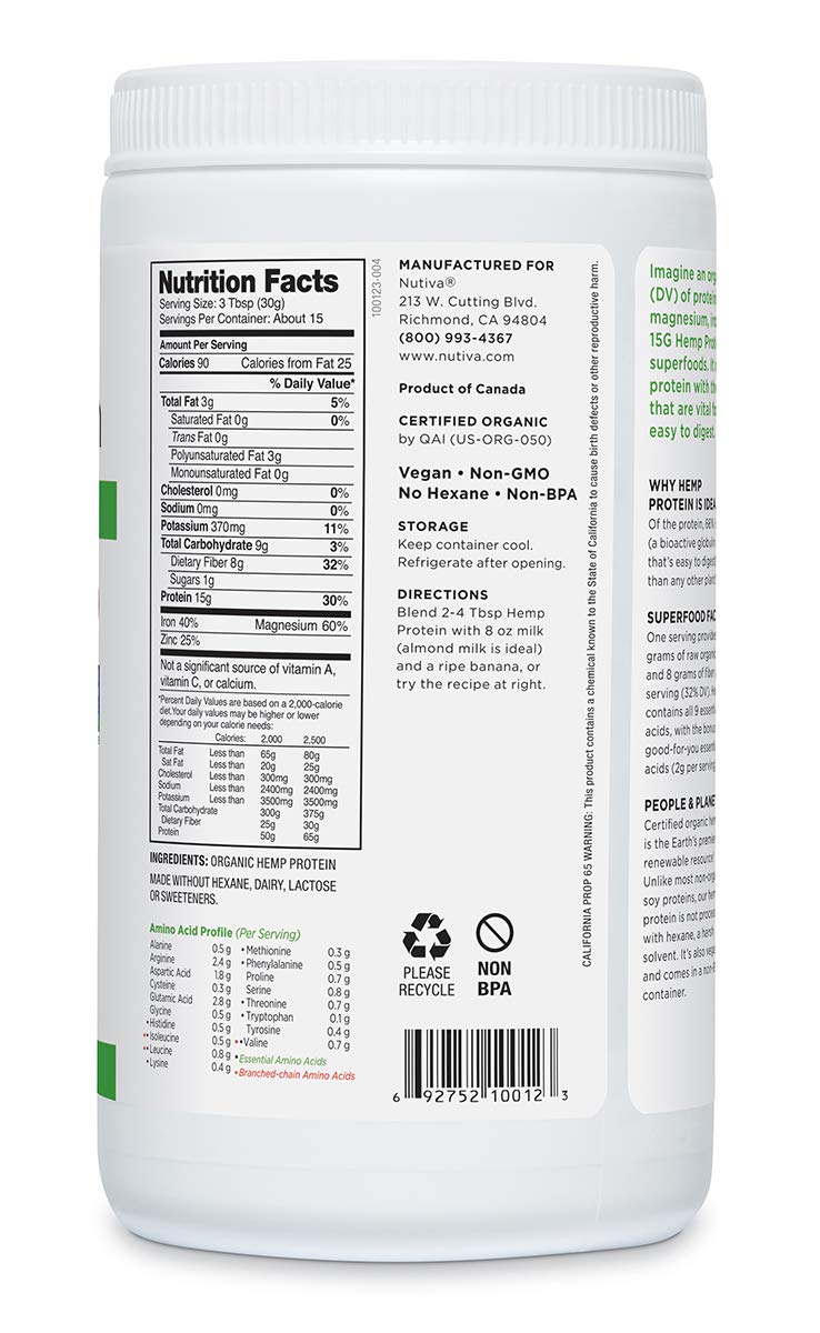 Nutrition label showing 15 g protein and 8 g fiber per serving