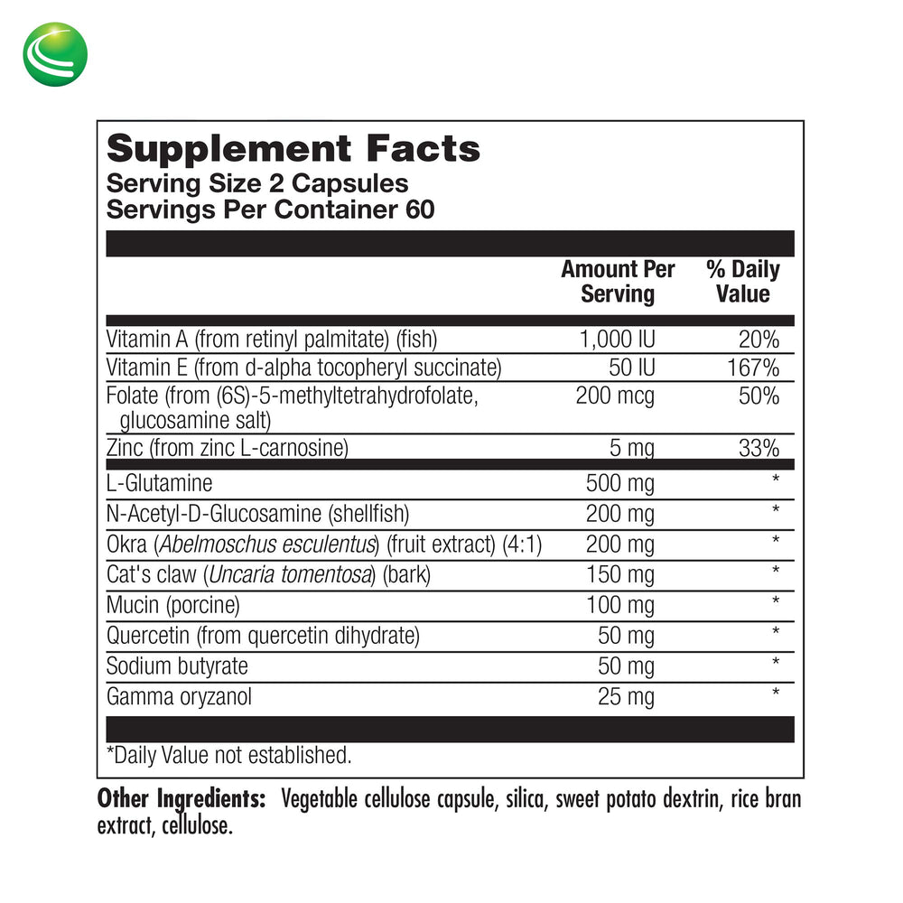 Ingredient panel showing zinc, L-carnosine, L-glutamine