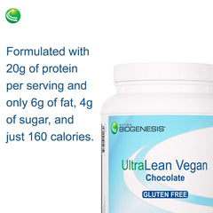 Nutra BioGenesis UltraLean jar label showcases vegan protein with vitamins and minerals.