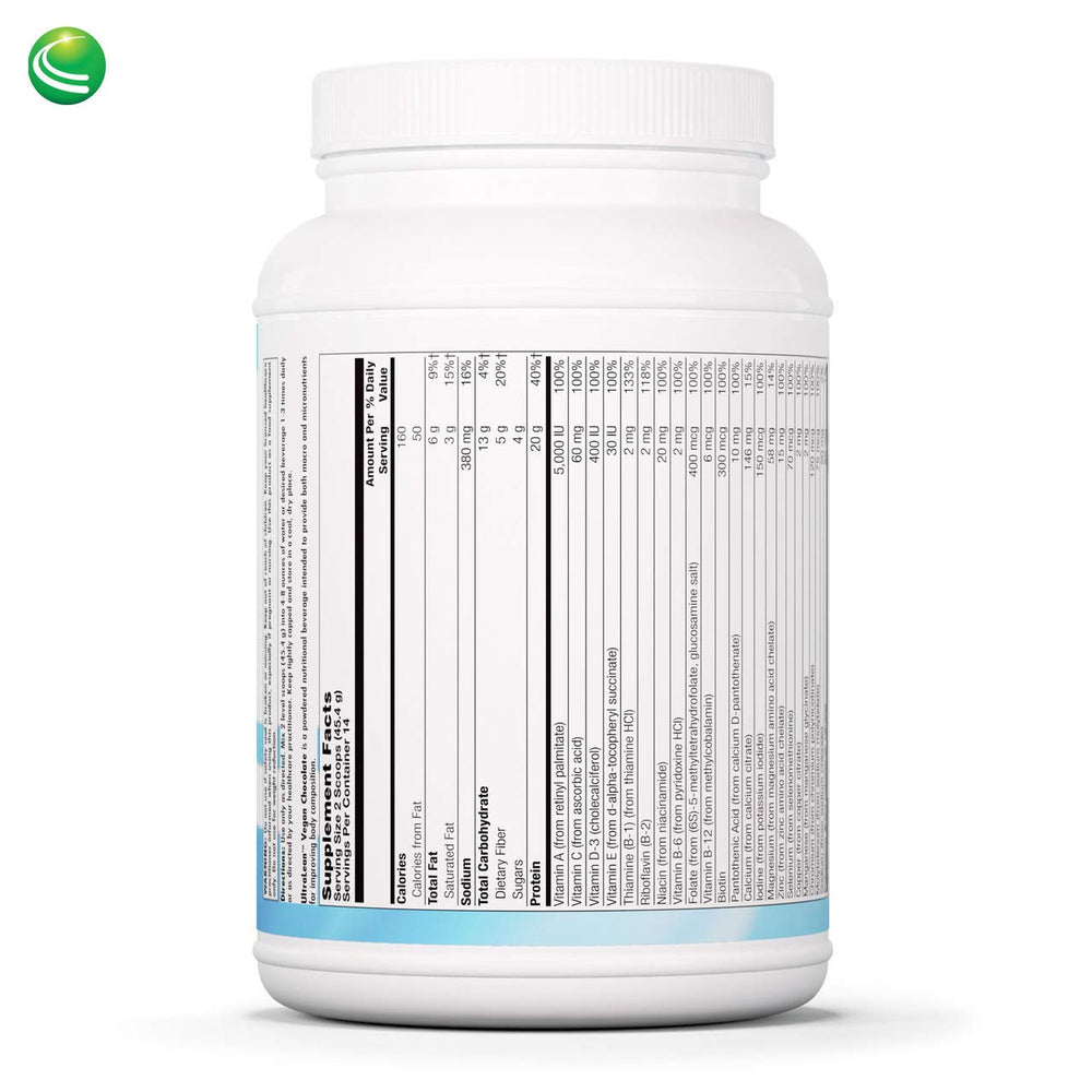 Nutra BioGenesis UltraLean scoop of vegan chocolate protein for quick recovery.