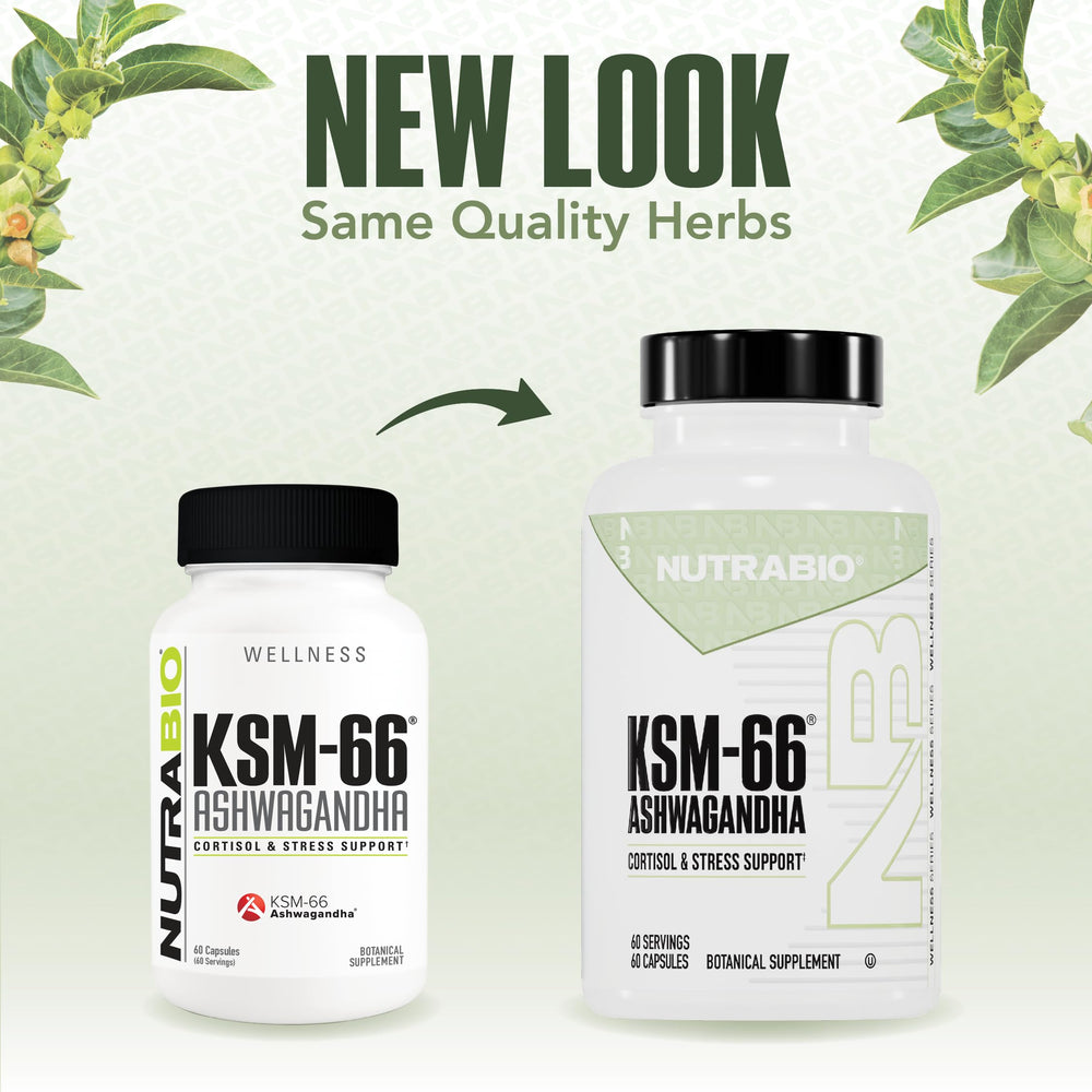Front view of NutraBio Ashwagandha KSM-66 bottle