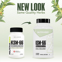Front view of NutraBio Ashwagandha KSM-66 bottle