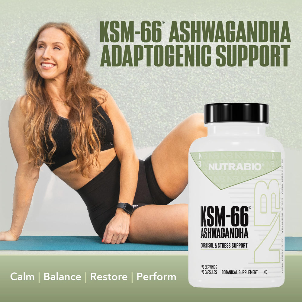 Close-up of NutraBio Ashwagandha KSM-66 capsules