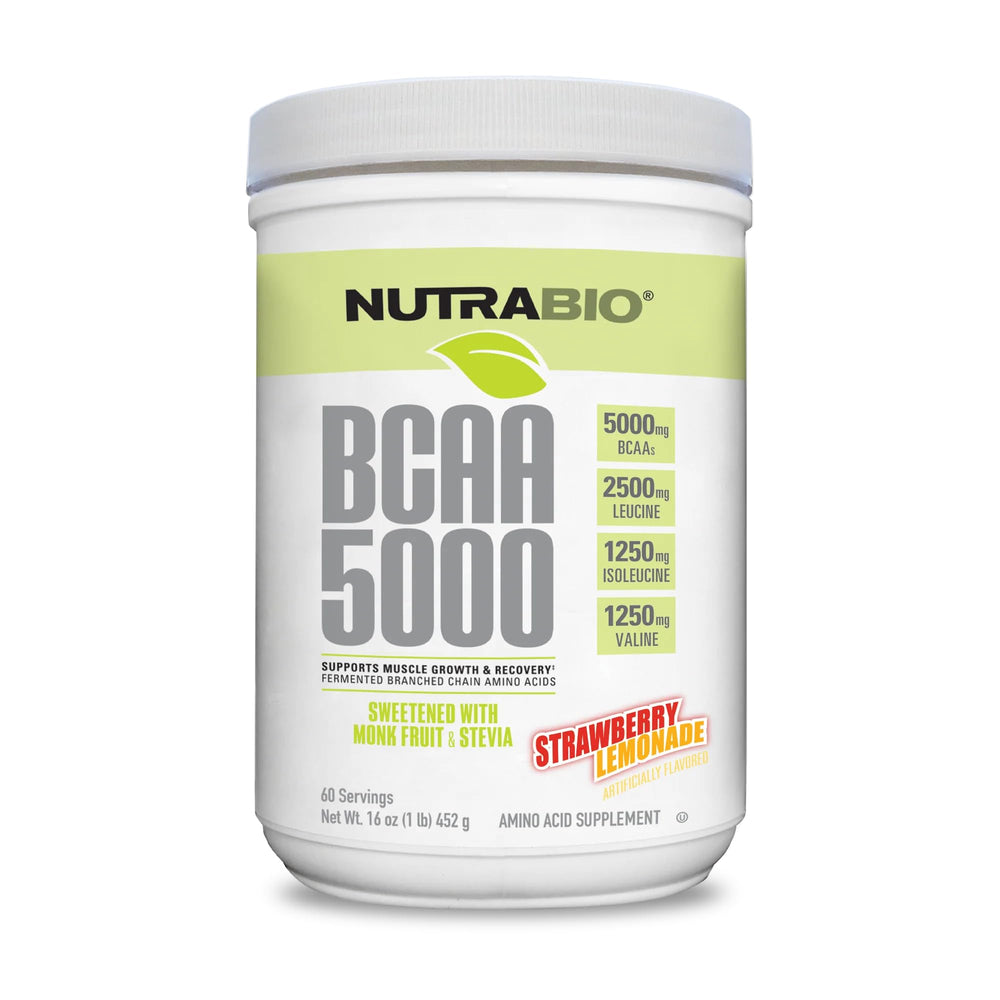 Front view of NutraBio BCAA 5000 Powder container