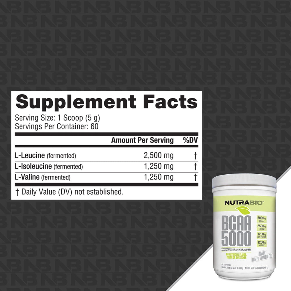 NutraBio BCAA 5000 Powder back label with nutrition facts