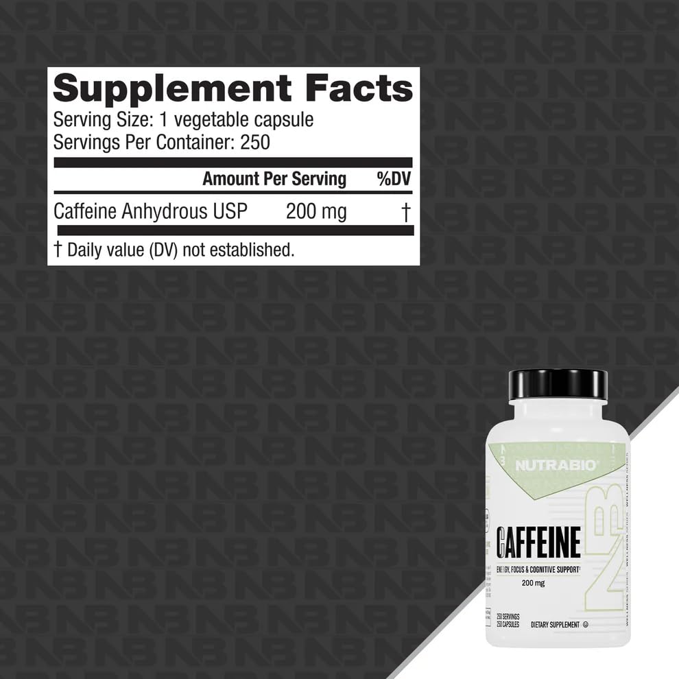 NutraBio caffeine capsules label close-up highlighting purity and third-party testing.