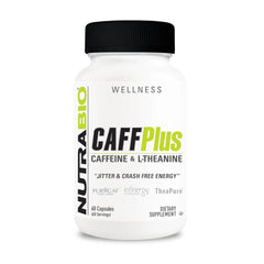 NutraBio CaffPlus bottle shows dual-energy formula for steady energy.