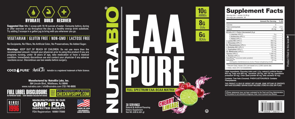 Ingredients label for NutraBio EAA Pure