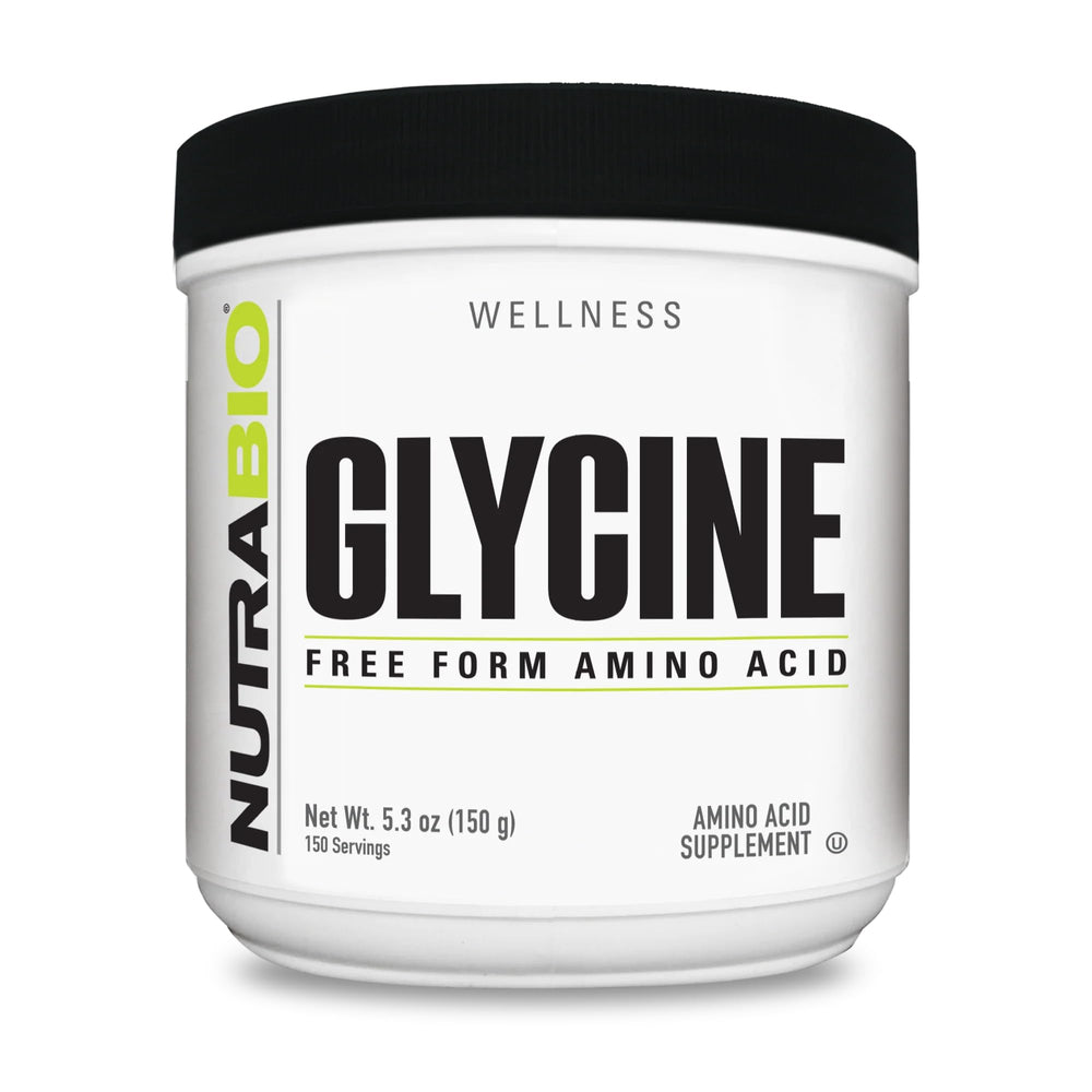 NutraBio glycine powder bottle front for convenient daily use