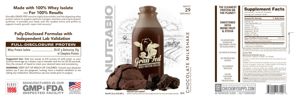 Glass of NutraBio Grass Fed Whey Isolate chocolate shake after a workout