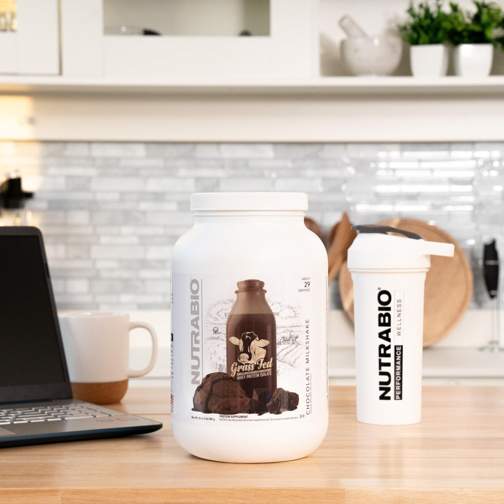 Ingredients list highlighting 100% whey isolate and natural sweeteners in NutraBio