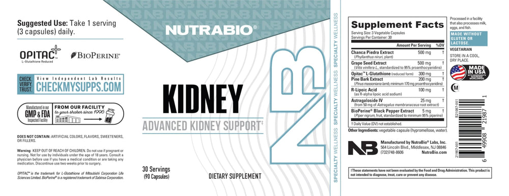 NutraBio Kidney Support bottle packaging containing 90 capsules