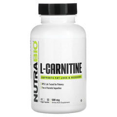 NutraBio L-Carnitine capsules bottle highlights a pure formula for energy and fat metabolism.