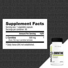 NutraBio L-Carnitine capsules label emphasizes quality and GMP-compliant manufacturing.