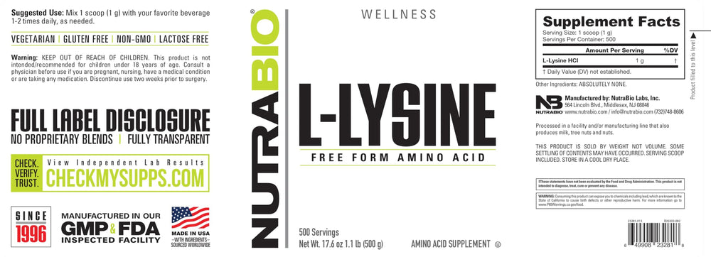 Packaging and vegan, non-GMO attributes for NutraBio L-Lysine Powder 500g