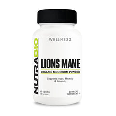NutraBio Lions Mane supplement bottle with label