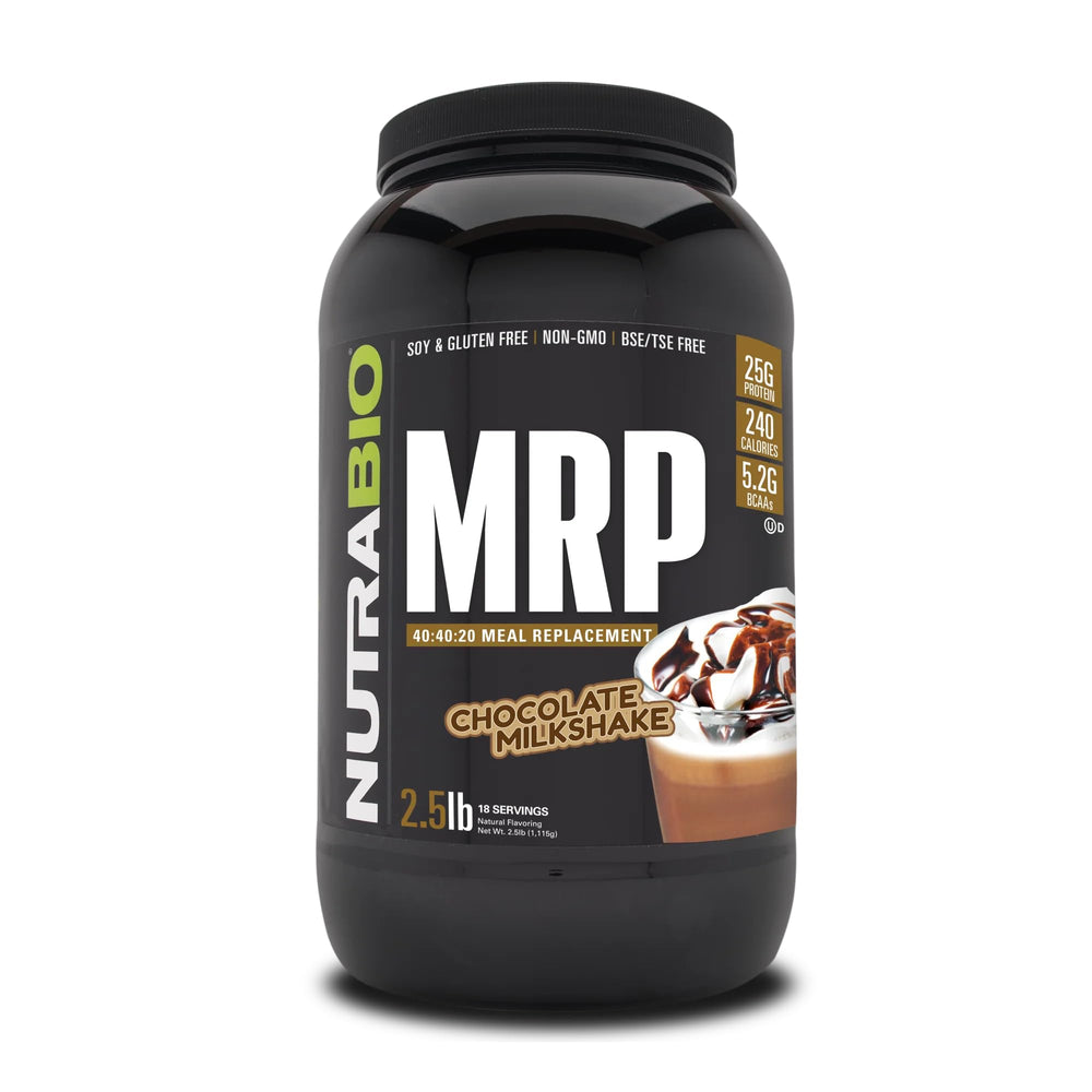 NutraBio MRP chocolate-tub-front shows a premium meal replacement option for busy days.