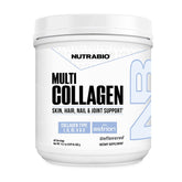 NutraBio Multi Collagen Powder bottle and scoop on white background