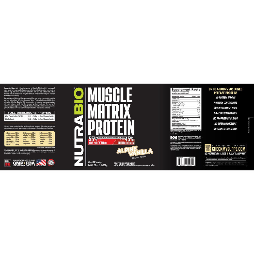 NutraBio Muscle Matrix claims-on-label reinforces non-GMO and third-party tested quality.