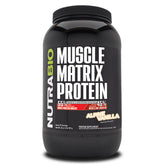 NutraBio Muscle Matrix vanilla tub, showing 28 servings, supports post-workout recovery with a balanced protein blend.