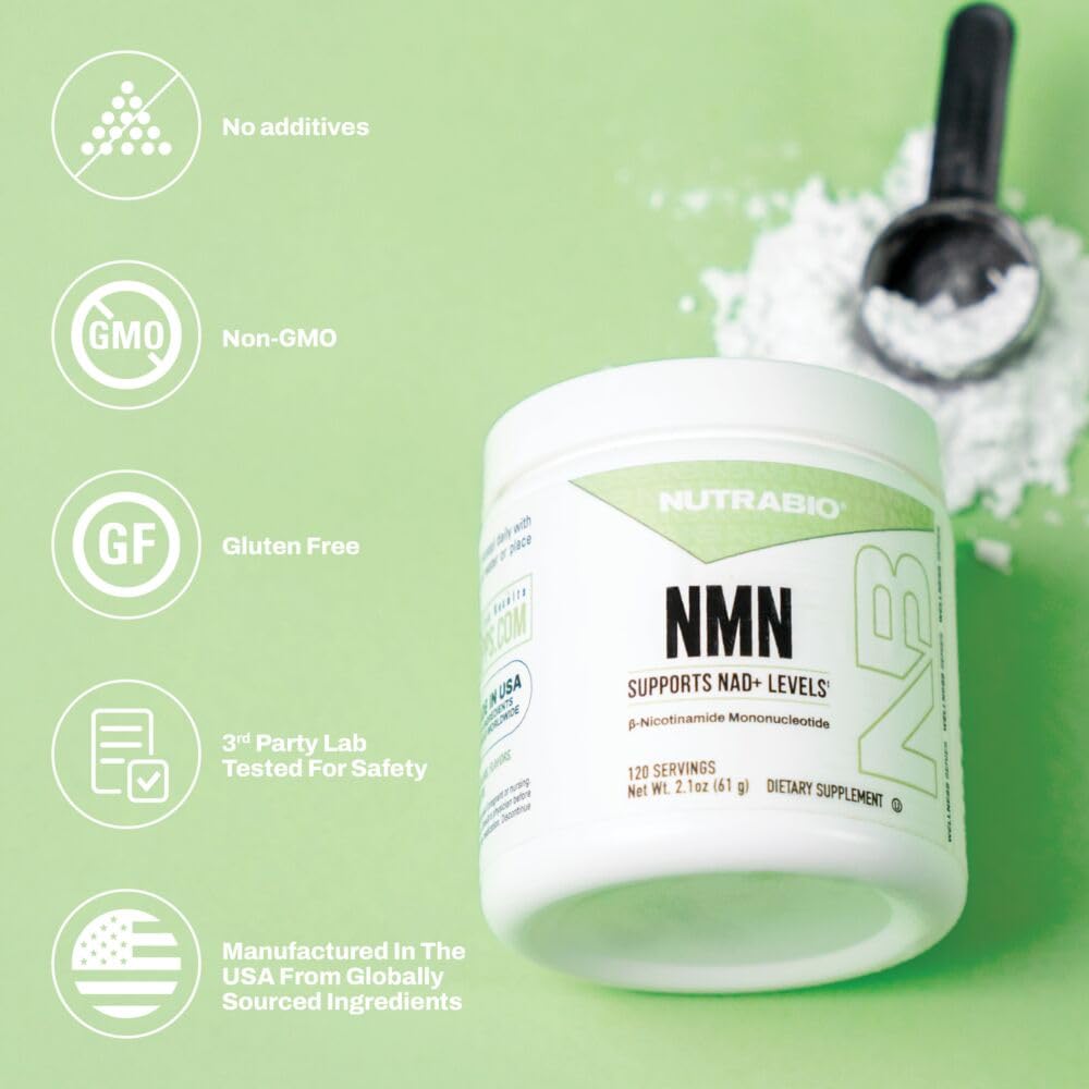 NutraBio NMN bottle in accents illustrates premium NAD+ support.