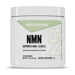 NutraBio NMN bottle front-angle showcasing daily energy support capsules.