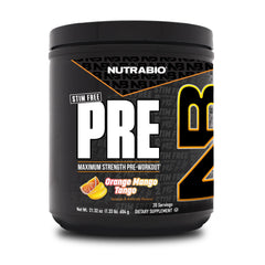 NutraBio STIM-Free PRE orange mango bottle ready for focused workouts and training sessions