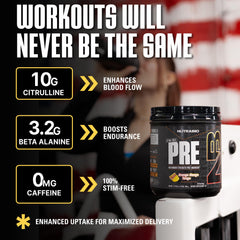 NutraBio STIM-Free PRE powder being poured for quick hydration and performance support