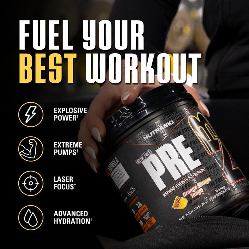 NutraBio STIM-Free PRE tub front view in a gym setting for serious training