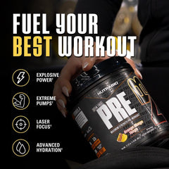 NutraBio STIM-Free PRE tub front view in a gym setting for serious training