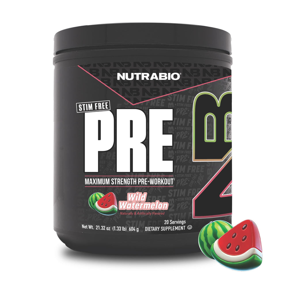 NutraBio STIM-Free PRE Watermelon tub shows refreshing formula for focused workouts.