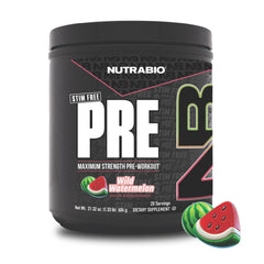 NutraBio STIM-Free PRE Watermelon tub shows refreshing formula for focused workouts.
