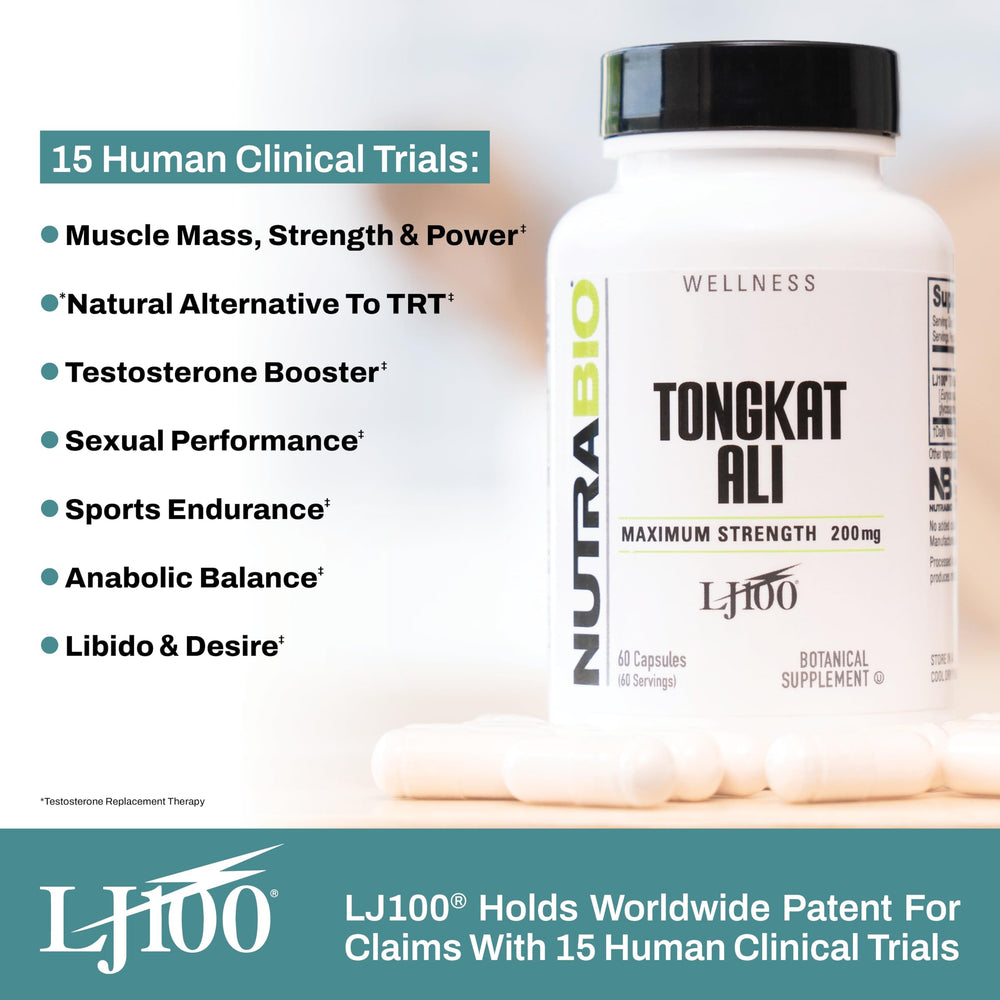 NutraBio Tongkat Ali capsules poured into a glass for daily use.