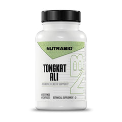 NutraBio Tongkat Ali Longjack bottle shows premium 200mg capsules for energy.