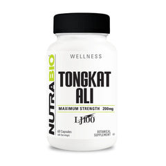 NutraBio Tongkat Ali Longjack bottle shows premium 200mg capsules for energy.