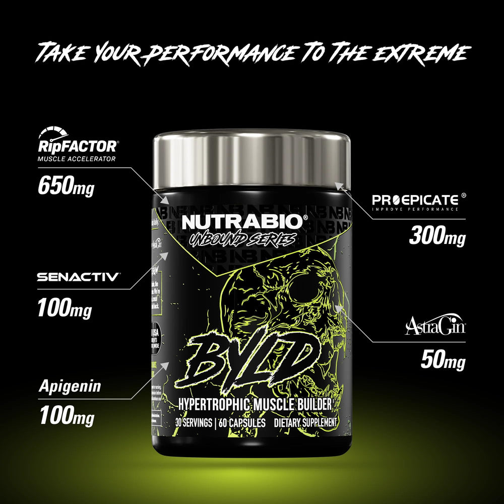 NutraBio Unbound BYLD capsules being poured, convenient post-workout option.
