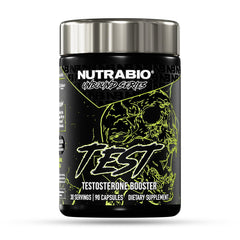 NutraBio Unbound Test bottle with label visible, supports athletic performance and training focus.