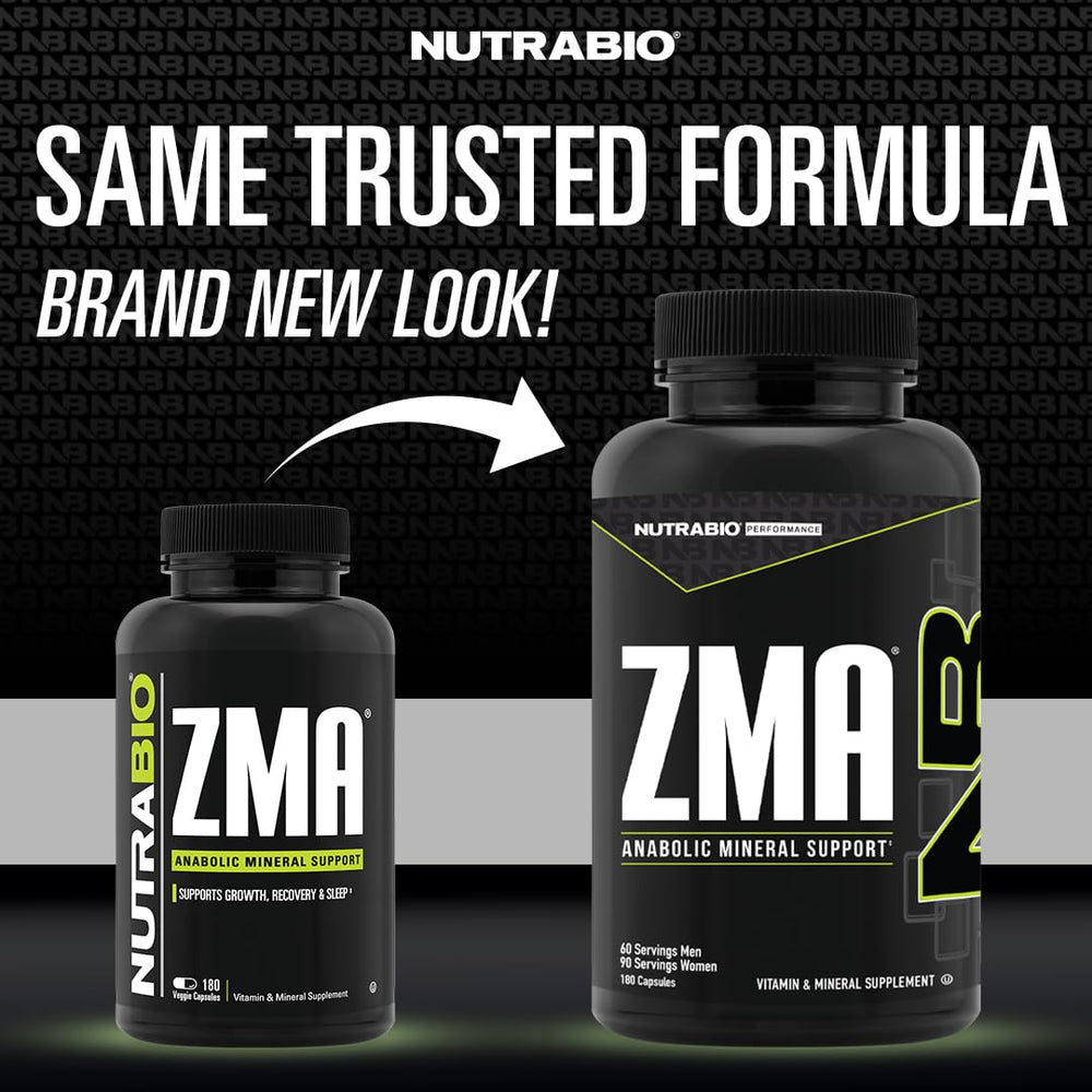 NutraBio ZMA bottle - back label with zinc, magnesium, and B6 information