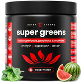 Front view of NutraChamps Super Greens powder tub