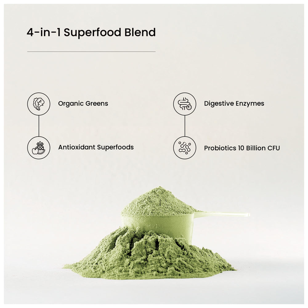 Glass with green smoothie made from Super Greens powder