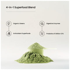Glass with green smoothie made from Super Greens powder