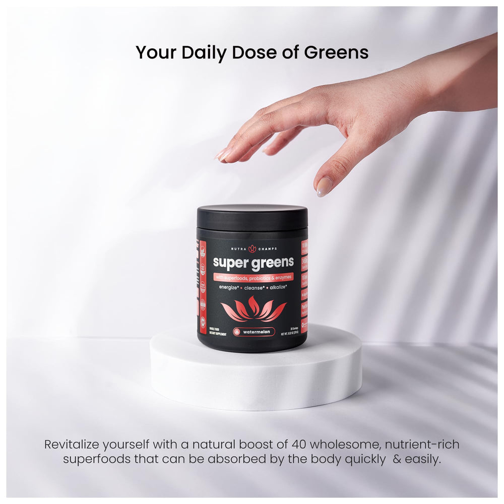 Measuring scoop next to NutraChamps Super Greens powder