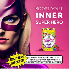 Bottle with berries signals real fruit and refreshing taste for Nutramin Energy Boost.