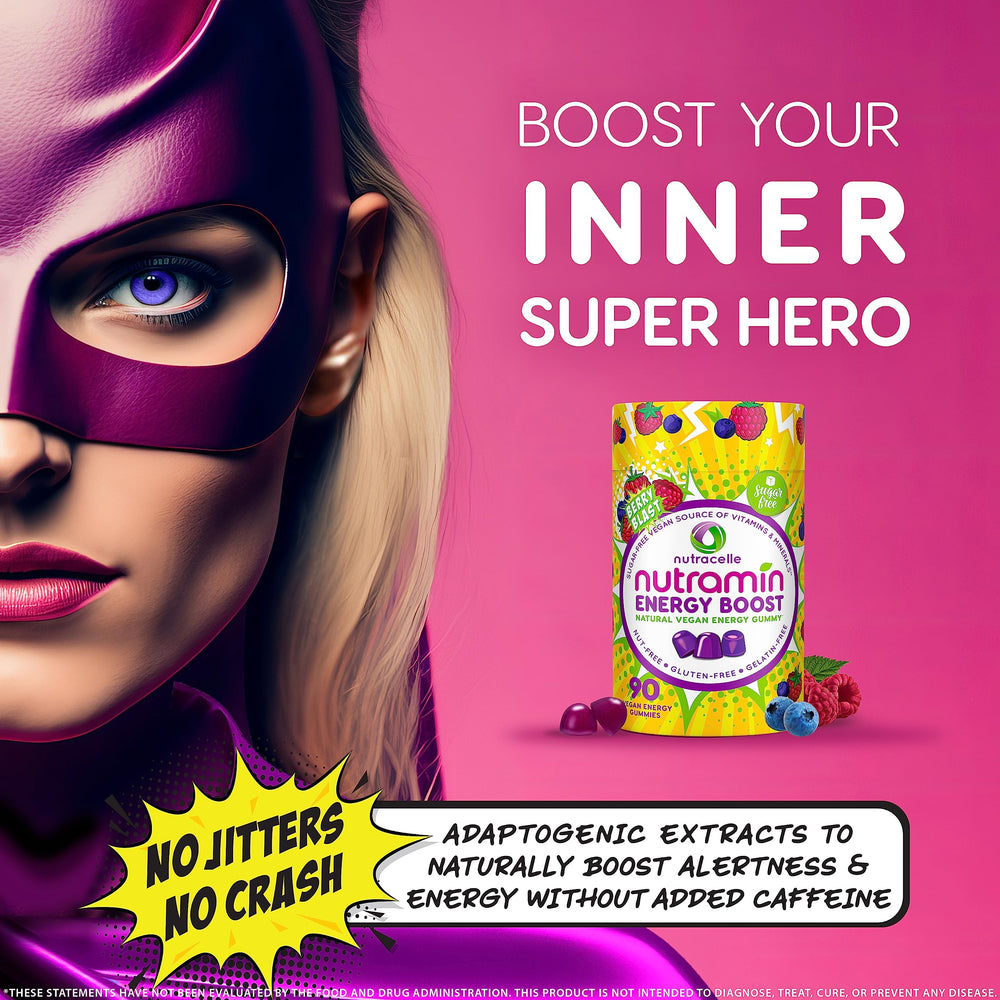 Bottle with berries signals real fruit and refreshing taste for Nutramin Energy Boost.