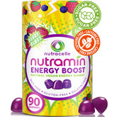 Nutracelle Nutramin Energy Boost bottle demonstrates caffeine-free energy support for busy days.