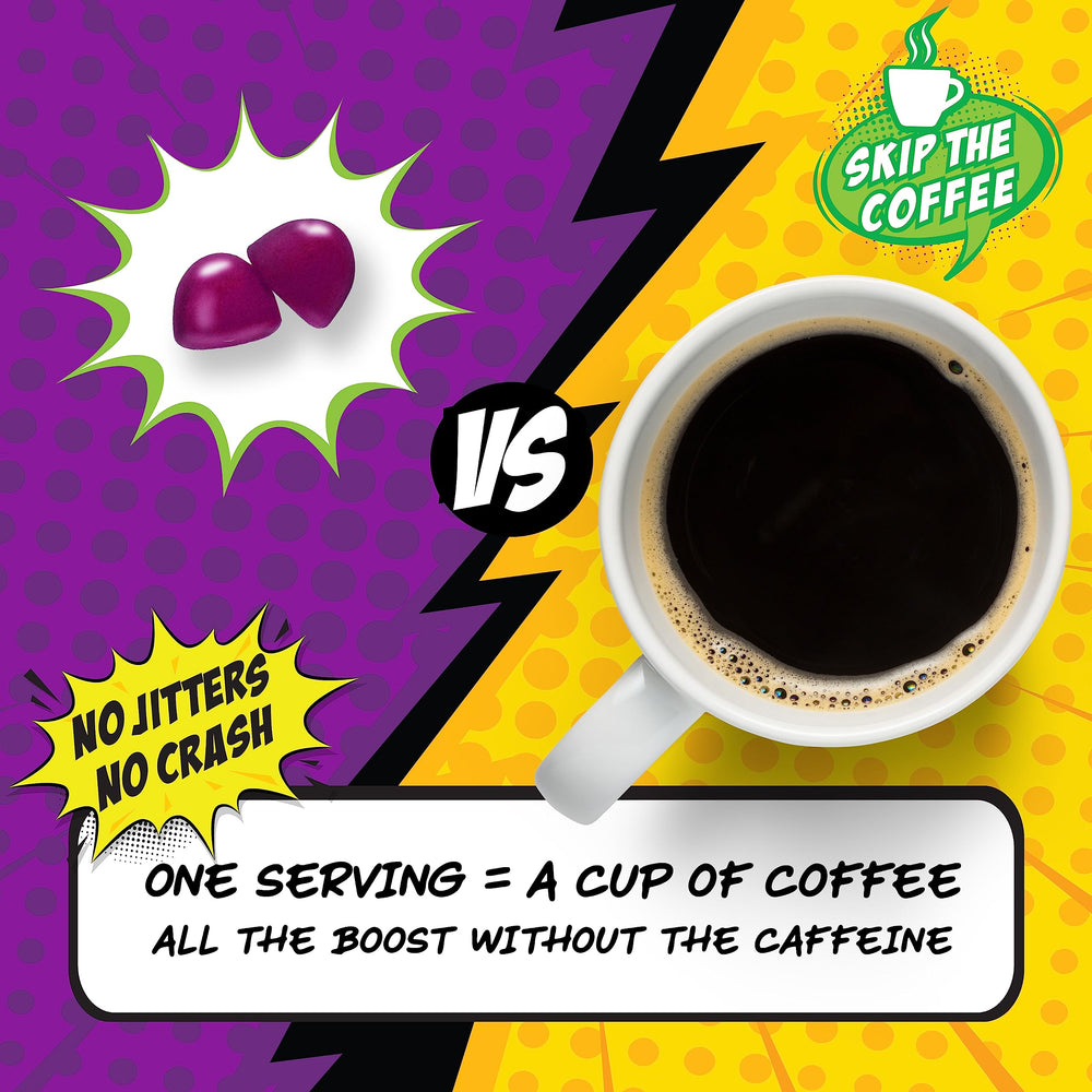 Nutracelle Nutramin Energy Boost gummies closeup showcasing Berry Blast flavor and texture.