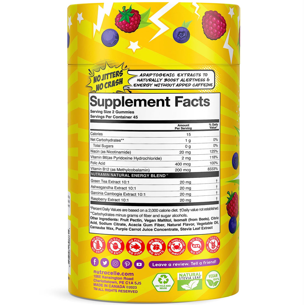 Vegan and gluten-free badge shown on Nutramin Energy Boost packaging for inclusive diets.