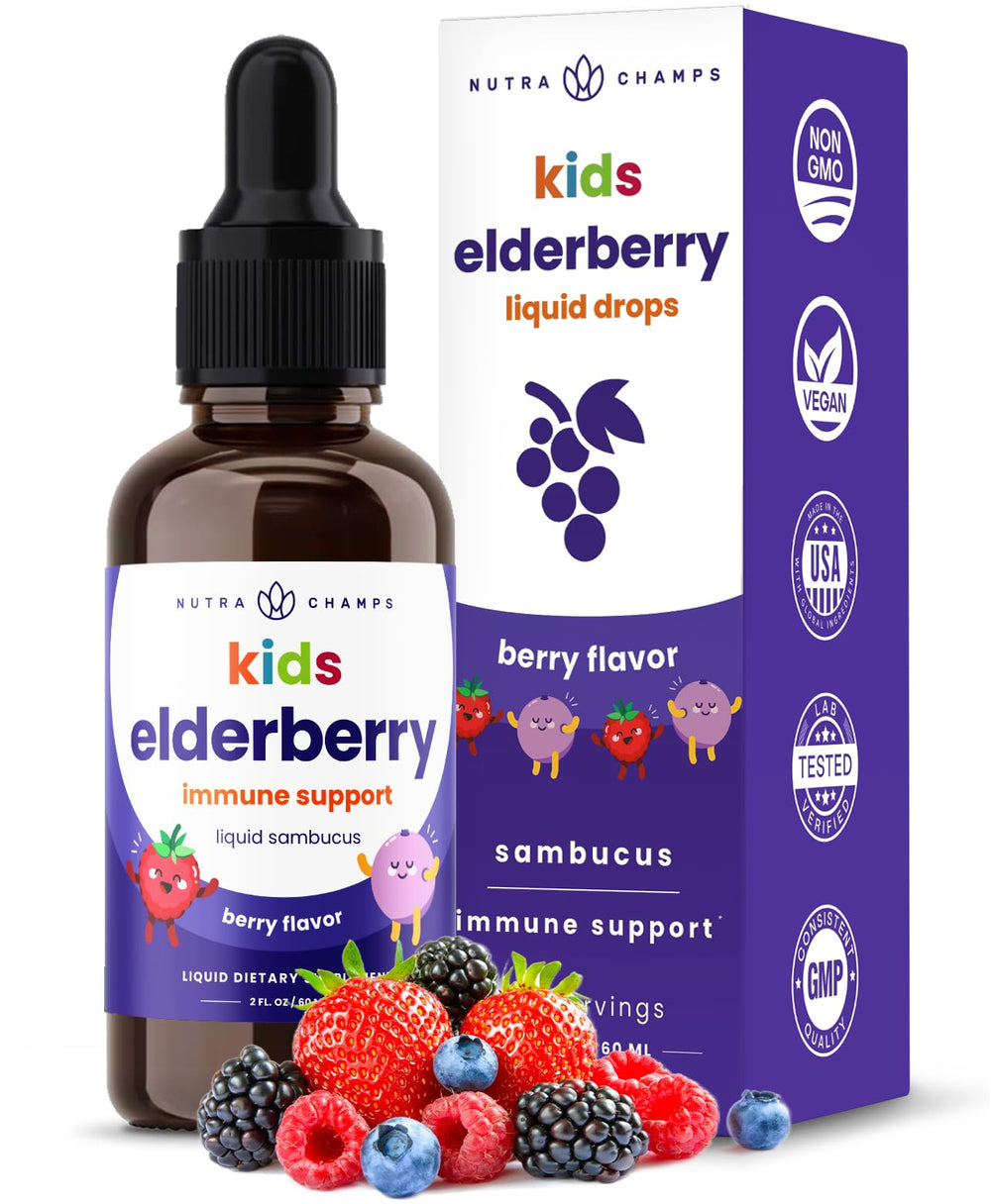 Bottle of NutraChamps Black Elderberry for Kids Drops with 10:1 extract