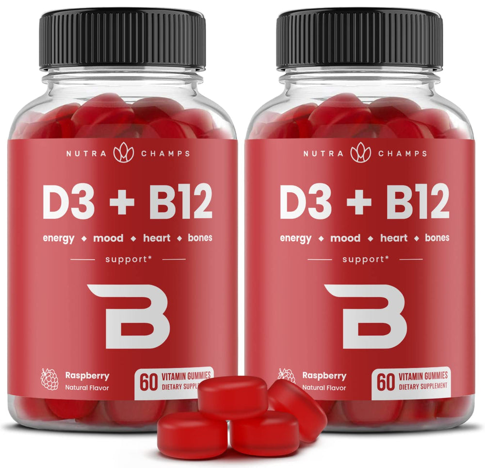 NutraChamps Vitamin D3 & B12 Gummies Raspberry flavor bottle with 120 gummies