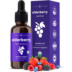 NutraChamps Black Elderberry Syrup bottle showing label with 2000mg Sambucus extract